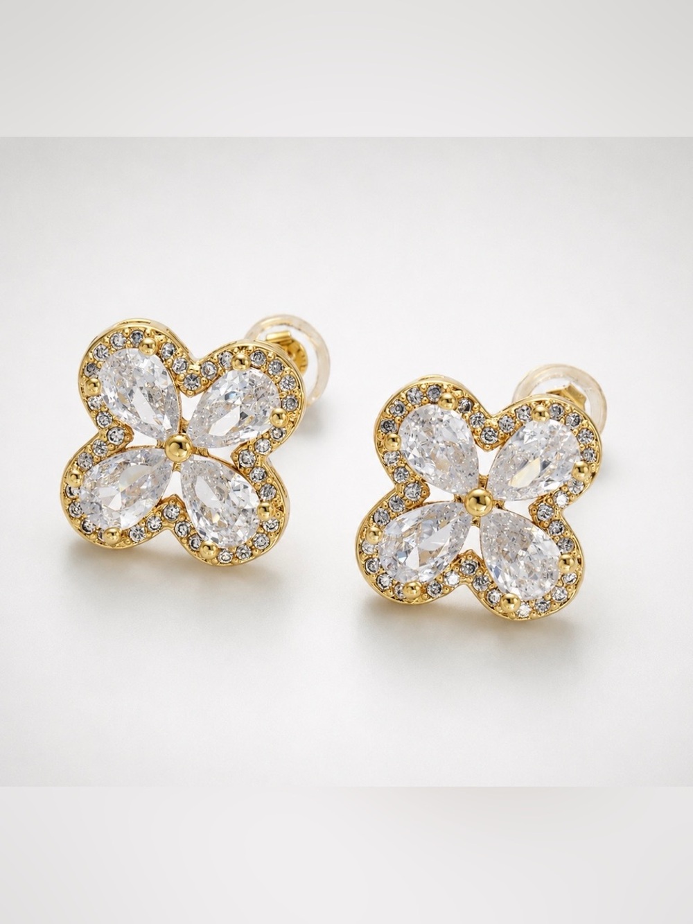 Gold CZ Micro Paved Quatrefoil Stud Earrings (4457)
